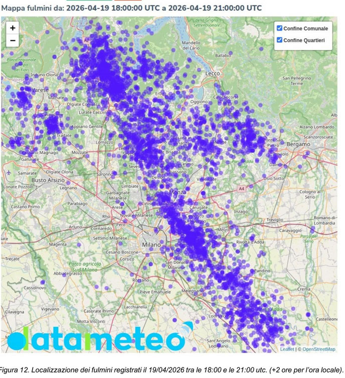 Localizzazione dei fulmini registrati il 19 aprile 2026 tra le 18:00 e le 21:00 UTC &mdash; Lombardia
