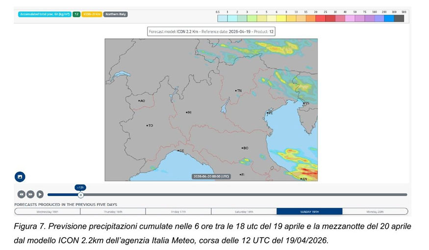 Modello ICON 2.2 km: previsione precipitazioni 19 aprile 2026, corsa delle 12 UTC &mdash; nessun segnale sulla Brianza
