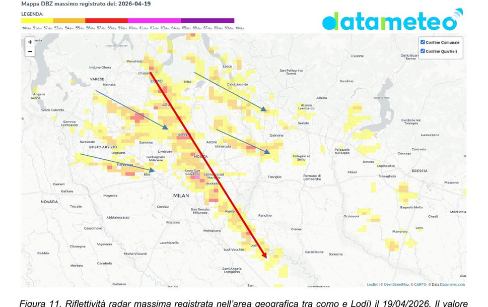 Riflettivit&agrave; radar massima del 19 aprile 2026: traccia della supercella tra Como e Lodi, riflettivit&agrave; massima 60 dBz