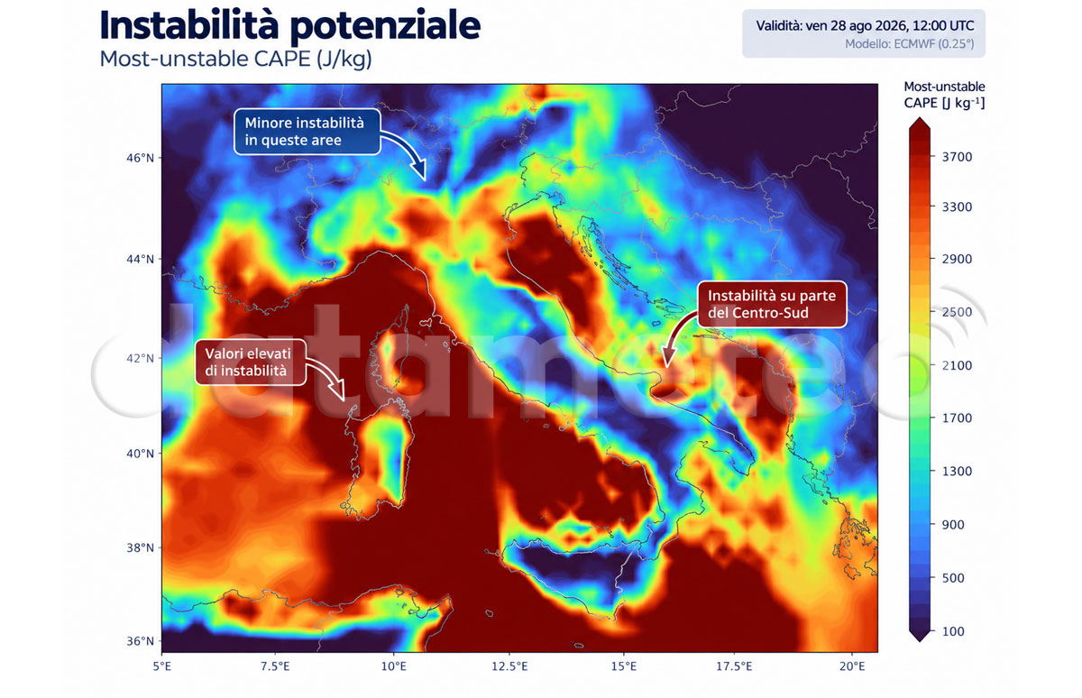 CAPE del livello piu' instabile alle 12 UTC del 28 agosto 2026 sul Nord Italia
