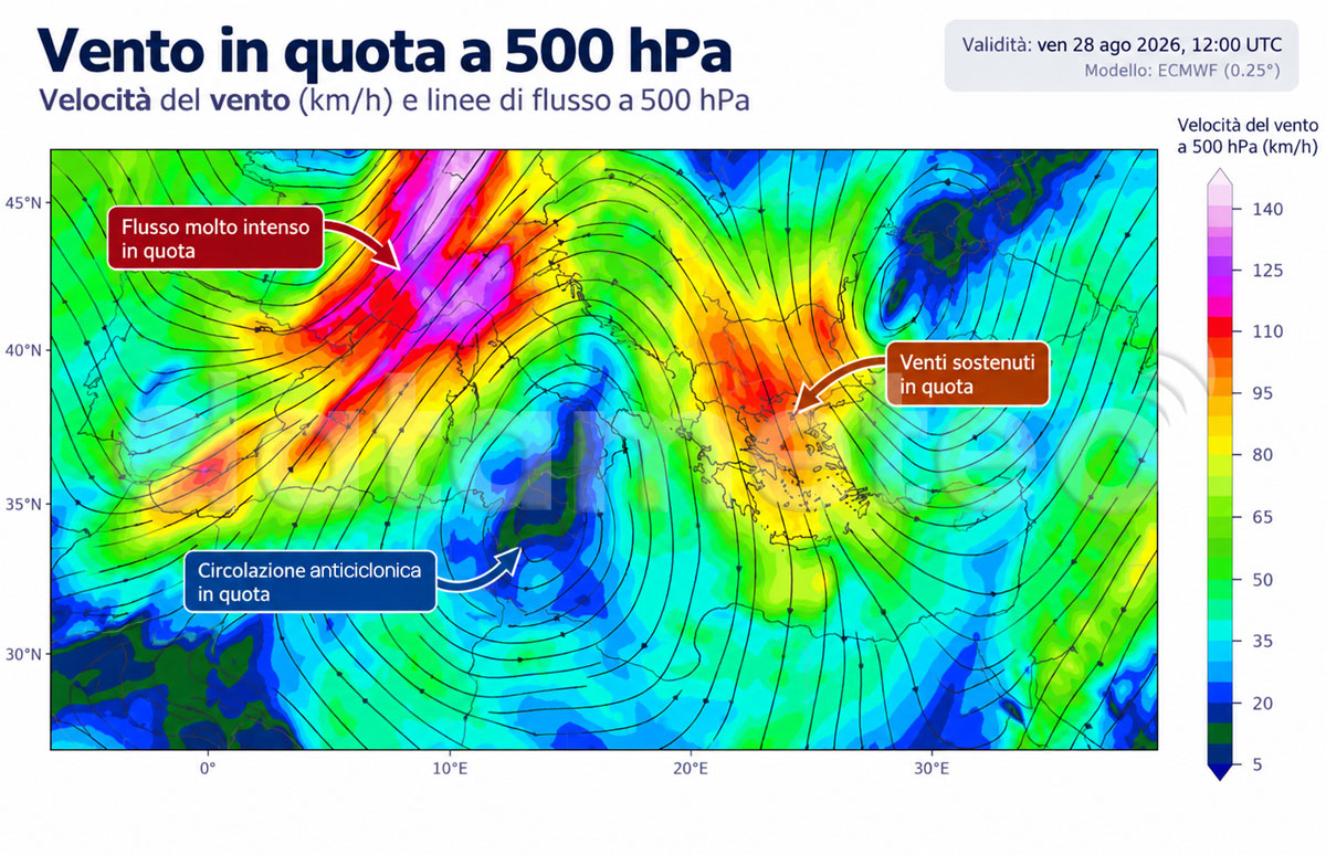 Wind shear verticale tra superficie e 500 hPa alle 12 UTC del 28 agosto 2026