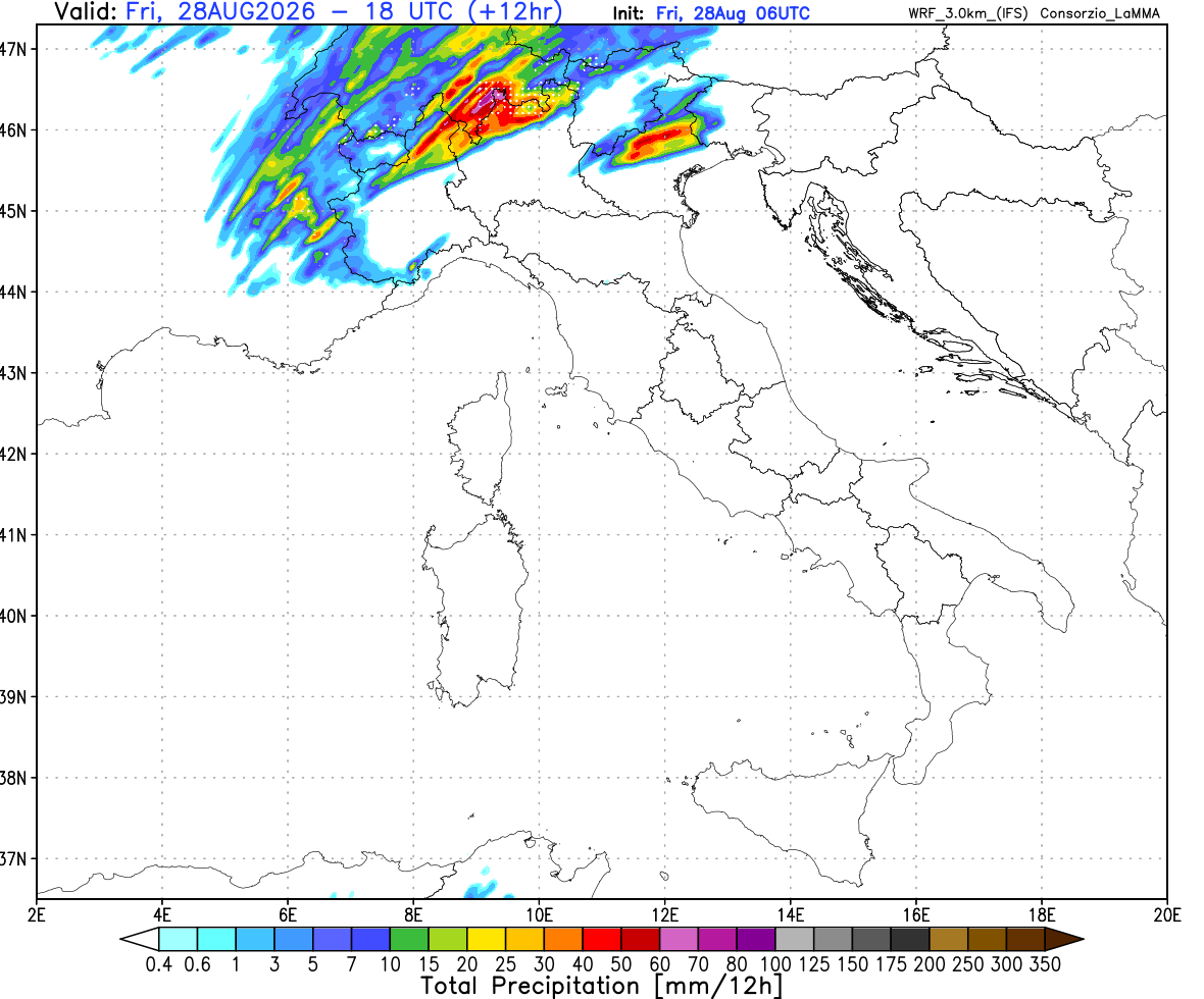 Modello WRF su base ECMWF, precipitazione 06-18 UTC del 28 agosto 2026, elaborazione Lamma